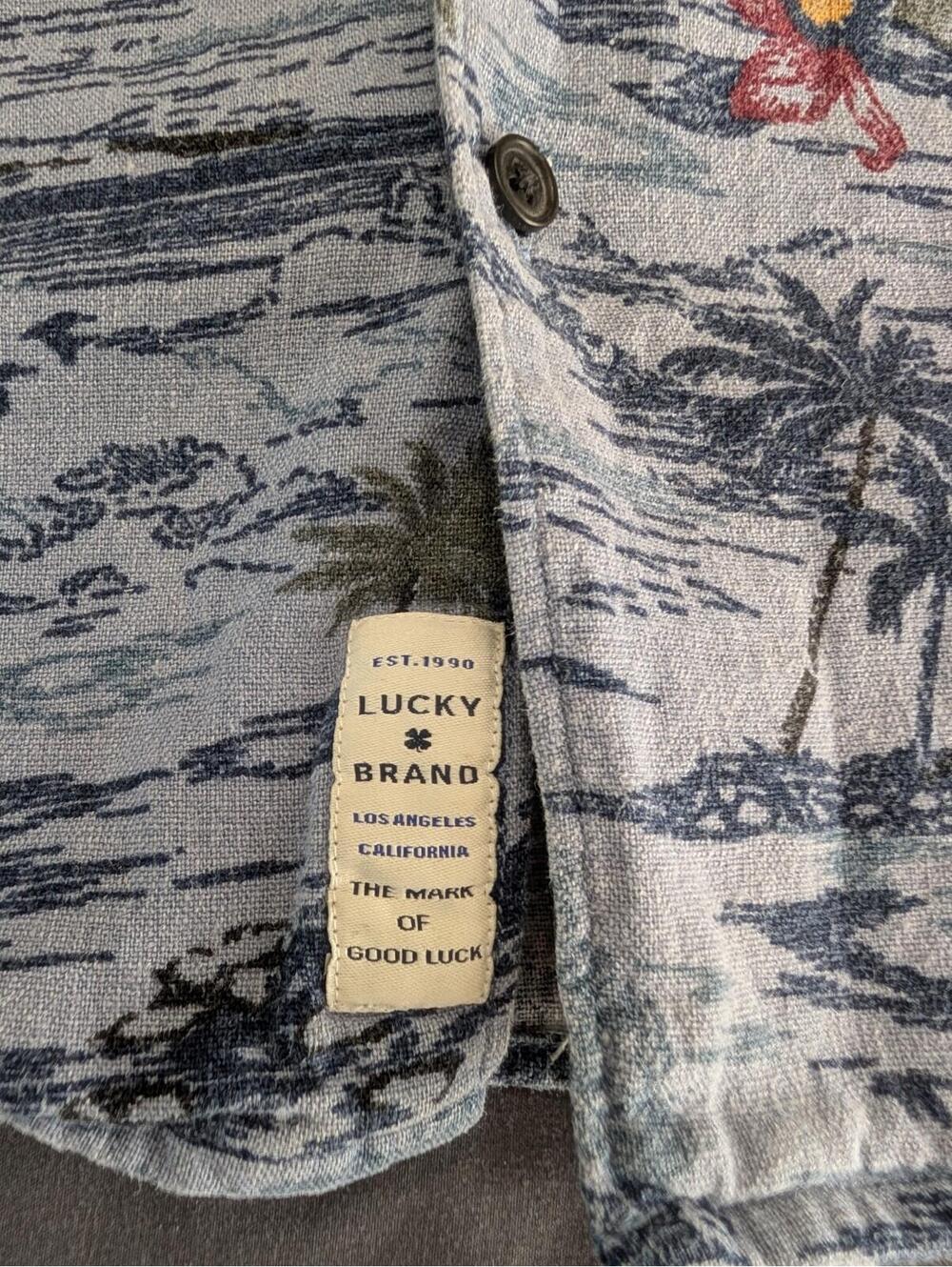 Lucky Brand Mens L Linen Viscose Blue Hawaiian Short Sleeve Beach Aloha Blue - Picture 2 of 9